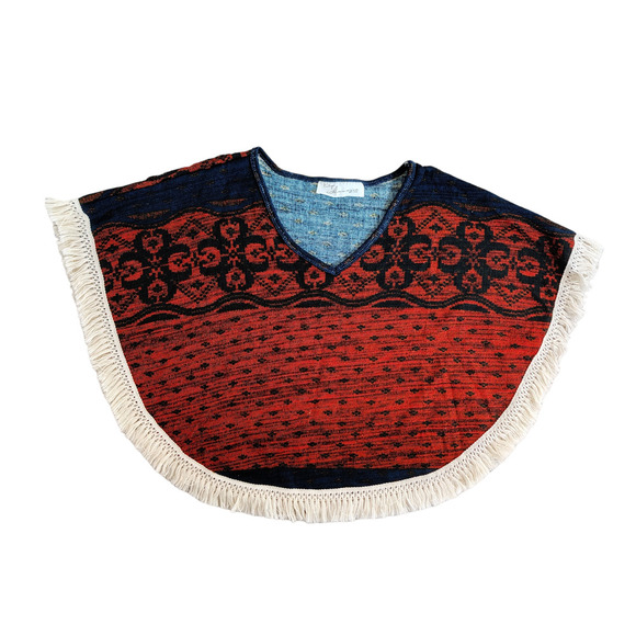 Vintage Havana Fringed Poncho Cape V-Neck Boho One Size Orange Blue - Picture 5 of 11